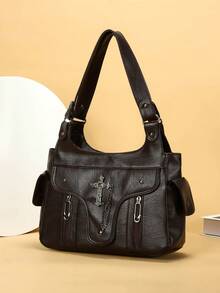 1件复古大容量手提包，复古PU单肩斜挎包，女士休闲托特包兼钱包 - 咖啡棕 - 查看 5