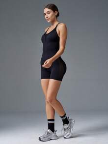 YZFRF Seamless Mesh Sexy Bodysuit, Casual And Breathable Running Shorts Jumpsuit. - Black - View 5
