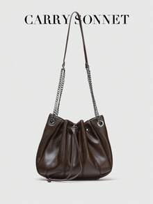 Deep Brown Drawstring Bucket Bag, Chain Shoulder/Crossbody Strap, Soft Leather Feel, Large Capacity, Hobo Style Versatile Daily Bag, Women Handbag, Women Gift - Brown - View 2