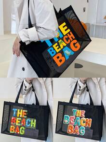 尼龙字母印花沙滩网眼手提包，沙滩度假风沙滩包，彩色蝴蝶结图案，大容量沙滩包，自用或送礼佳品，适合送给朋友、母亲、老师等，大容量手提包 - 彩色 - 查看 1