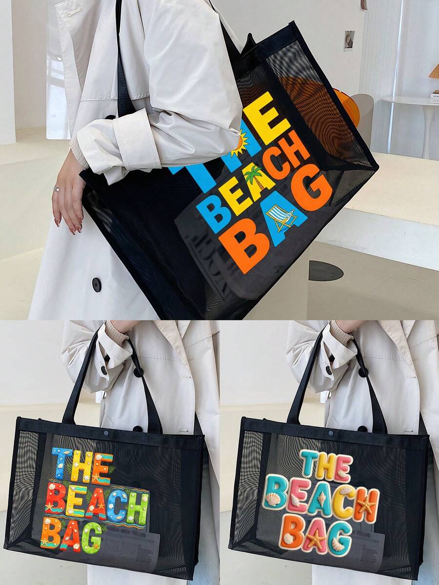 尼龙字母印花沙滩网眼手提包，沙滩度假风沙滩包，彩色蝴蝶结图案，大容量沙滩包，自用或送礼佳品，适合送给朋友、母亲、老师等，大容量手提包 - 彩色 - 查看 1