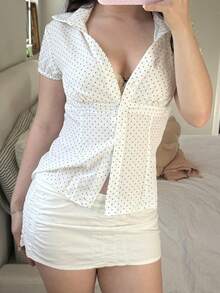 Women Y2k Polka Dot Button Up Blouse Short Sleeve Slim Fit V Neck Collared Crop Shirt Button Down Coquette Going Out Tops - trắng - Xem 3