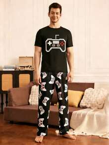 Men's Printed Short Sleeve Pajama Set, Summer Home Wear - Black - View 5