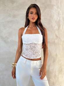 Áo tank top nữ kiểu yếm buộc dây phối ren mới, thích hợp cho mùa hè, kỳ nghỉ, tiệc tùng. Màu trắng. - trắng - Xem 5