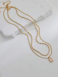 Nooxian 2件套 时尚优雅休闲铜珠链方形铜微镶嵌锆石双层吊坠项链 - 金黃色 - 查看 5