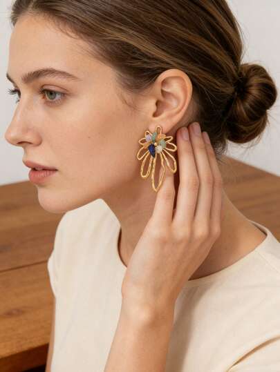 Cring Coco European And American Exaggerated Fashion Oversized Trumpet Flower Earrings Natural Stone Earrings Luxurious And Simple Palace Style 304 Stainless Steel 18K Gold Plated Suitable For Spring And Summer Vacation Wedding Music Festival Valentine's Day