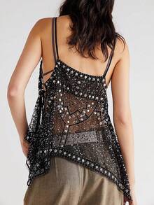 Women's Y2K Sparkly Sequin Tank Top Beaded Sheer Mesh Cami V Neck Party Rave Top - Black - View 5