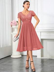 MIUSOL Sequin Floral Lace V-Neck Ruffle Hem Chiffon Cocktail Party Swing Dress - Dusty Pink - View 9