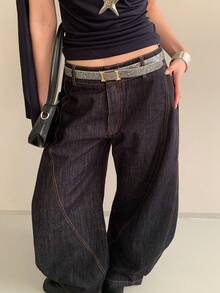 1pc Women's Silver Shiny PU Leather Casual Letter Buckle Design Versatile Belt - Silver - View 4