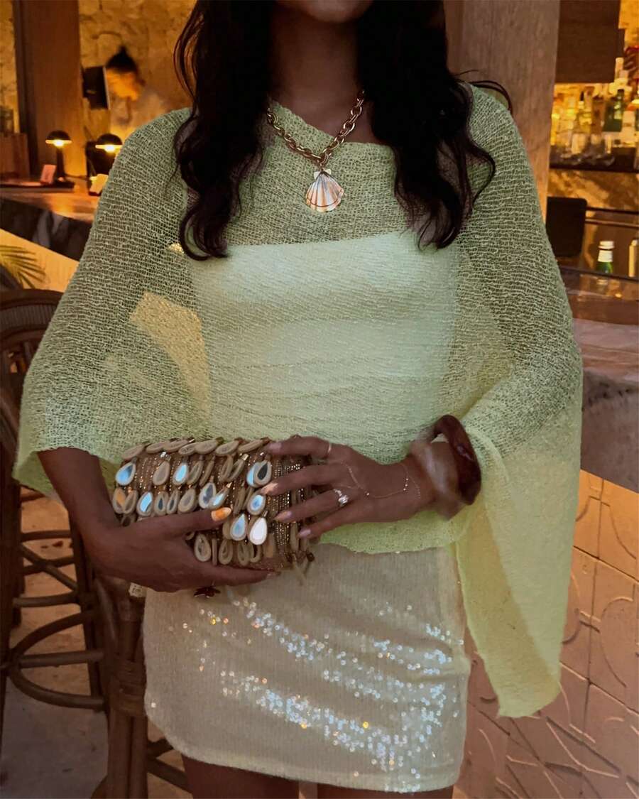 Womens Sheer Blouse Top Knit Lightweight Shrug Sweater Poncho Y2K Sheer See Through Knit Poncho Asymmetric Shrug Bolero Beach Cover Up Tops Pullover Crochet Shawls - 薄荷綠 - 查看 1