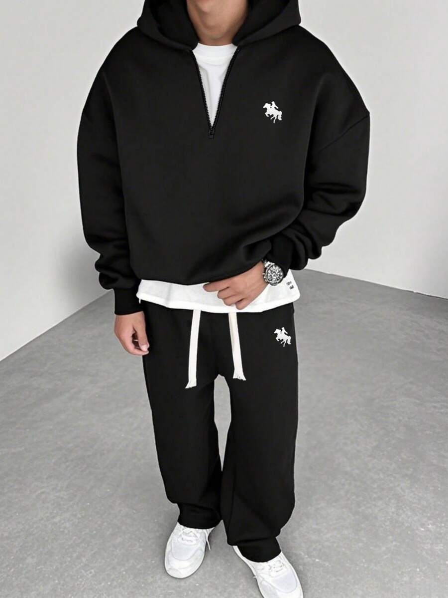 Bộ đồ thể thao nam mùa thu/đông gồm 2 món, có mũ trùm đầu, kiểu dáng năng động, thích hợp cho cả nam và nữ. - màu đen - Xem 1