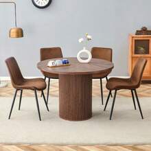 Minimalistic Rundtisch-Set Mit 1 Tisch Und 4 Stühlen.Runder Esstisch Aus MDF Mit 100 Cm Durchmesser In Nussbaumholzoptik.Combiniert Mit 4 Stühlen Aus High-Tech-Stoff Und Verbreiterter Sitzfläche. - Redwood - View 4