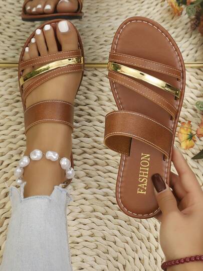 女士平底拖鞋，时尚休闲舒适夏季一脚蹬平底凉鞋，百搭沙滩度假日常穿着拖鞋