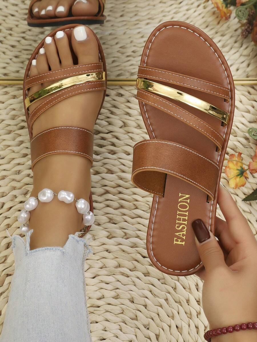 Women's Flat Slide Sandals, Fashion Casual Comfortable Slip-On Flat Sandals For Summer, Versatile Beach Vacation Daily Wear Slippers - Brown - View 1