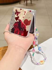 1PC Fashion Matte PC Material Simple Newspaper Rose Love Element Folding Phone Case, Paired With Same Color Bracelet, Can Protect And Prevent Falling: SamsungGalaxy Zflip 3/Zflip 4/Zflip 5/Zflip 6/Zflip 7/OPPO Find N3 Flip/ Razr 50 Ultra/ Razr 60 Ultra/ Rallazar 60/ Razr 50/XiaomiMIX Flip/Galaxy Z Flip7 FE - Red - View 2