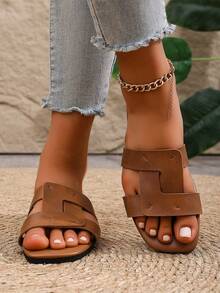 Women's Fashion Flat Square Toe Slip-On Sandals, Versatile For Spring And Summer - Brown - View 5