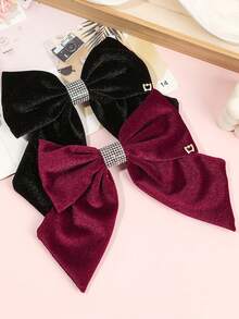 1个女士大号蝴蝶结发夹，黑色蝴蝶结发饰，大蝴蝶结发夹，法式发夹，带天鹅绒蝴蝶结，纯色马尾辫发饰（黑色和酒红色）
