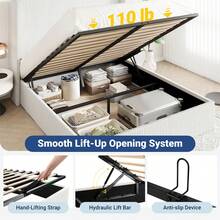 Allewie Full/Queen/King Size Lift-Up Storage Bed Frame With Modern Wingback Headboard, Corduroy Upholstered Platform Bed, Hydraulic Gas Lift Support, Underbed Storage, Wooden Slats, No Box Spring Needed, White - 白色 - 查看 5