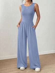 Women Casual Jumpsuits Summer Crew Neck Sleeveless Knit Wide Leg Pants Romper One Piece Beach Vacation Holiday Outfits - xám xanh - Xem 6