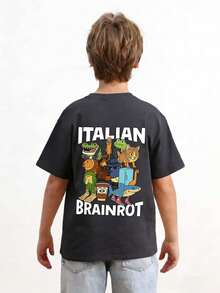 Tween Boy "Italian Brainrot" Graphic Print Round Neck Short Sleeve T-Shirt, Fashion Boys Summer Top - Dark Grey - View 2