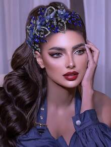 1pc Crystal Beaded Floral Headband, Wavy Design, Suitable For Bride, Wedding, Celebration, Date, Daily Wear, Valentine's Day Gift For Women - Blue - View 6