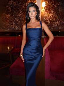 Elegant Satin Cinched Waist Bodycon Slip Dress, Long Gown For Halloween Party, Cocktail Party, Christmas Party - Navy Blue - View 7