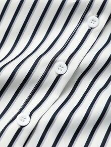 女士长袖条纹衬衫，宽松版型，可拆卸领子，四季皆宜 - 藍白色 - 查看 9