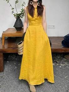 Vestido largo de mujer Vestido sin mangas amarillo de moda, elegante y exclusivo, nuevo en verano, estilo Hong Kong, hermoso vestido largo entallado para mujer - Amarillo - Ver 1