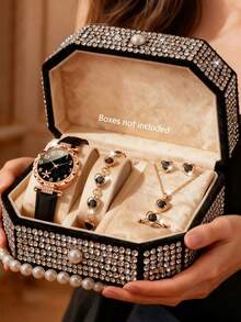 6/5pcs Elegant Fashion Floral Dial Quartz Watches, PU Leather, Suitable For Girls, Matching Necklace, Bracelet, Ring, Earring Jewelry Sets, Ideal Birthday/Holiday Gift, Suitable For Girls Daily Wear, Back To School, Gathering, Party Decoration, Wedding, Graduation, Valentine's Day Perfect Gift For Girls - Multicolor - View 3