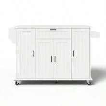 Kitchen Island With Fold-Down Worktop, Rolling Cart, 4-Door And 1-Drawer Kitchen Unit, Integrated Spice Racks In The  , Double-Sided Towel Rail, White, 120 * 45 (70) * 9 - White - View 7