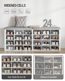 HEXCELEN Banco zapatero, zapatero con asiento, zapatero con banco, 24 compartimentos, banco de entrada con estantes regulables para salón, dormitorio, pasillo, blanco-gris - Blanco - Ver 3