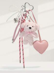 1个可爱女孩白色小熊银珠蝴蝶结包包挂饰，可爱心形钥匙扣吊坠，萌萌泰迪熊钥匙扣，创意礼物，包包装饰，卡哇伊挂件，女性化设计，串珠吊坠，时尚钥匙扣，心形吊坠，装饰钥匙扣，女士礼物之选 - 粉色 - 查看 3