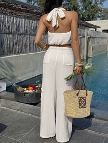 女士休闲无袖露背纯色上衣和阔腿裤两件套，夏季 - 白色 - 查看 2