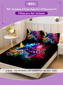 3pcs Sprayed Powder Game Console Black Background Bedding Set - 1 Fitted Sheet With Elastic Band + 2 Pillowcases, High-Definition Printing, 100% Polyester Fabric, Comfortable And Soft, Suitable For Bedroom, Dorm, Or Travel - Multicolor - View 2