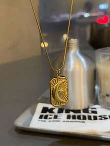 Stainless Steel Waterproof & Fade-Resistant Sun & Moon Rectangular Pendant Necklace, Suitable For Women's Daily Wear - Gold - View 5