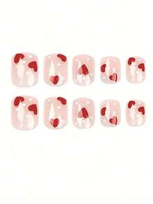 24pcs Y2K Nude Pink Short Square False Nails, Red Heart & White Polka Dot Design, Full Cover Fake Nail Set, Includes 1 Nail File & 1 Nail Glue Sticker, Suitable As Manicure Gift For Girls & Moms, Also Suitable For Wholesale Nail Supplies, Can Be Worn For Holidays, Parties, Dates And Daily Use. - 粉色 - 查看 4