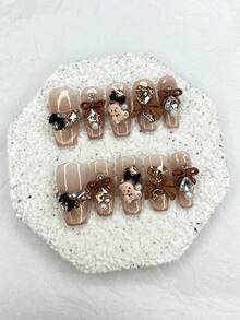10pcs Autumn/Winter Brown Bear Handmade Rhinestone Bow False Nails, Removable & Reusable Nail Art Supplies (1 Sheet Jelly Sticker + 1 Nail File) - Gold - View 10