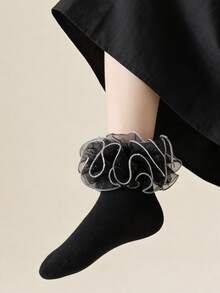 1双儿童棉质中小号蕾丝边袜子，蓬松蕾丝网纱女童蕾丝边袜子，可爱公主舞蹈袜 - 黑色 - 查看 3