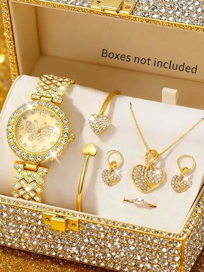 6-Piece Fashionable And Elegant Women's Watch Set Versatile Round Dial With Luxurious Diamond-Studded Bracelet Ideal Gift For Girls Perfect For Holidays, Birthdays, And Everyday Wear Does Not Include Gift Box