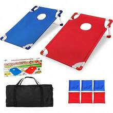 Juego de Cornhole porttil, Juego de Lanzamiento de Patio con Sacos de, con 2 Tablero de Juego Cornhole y 6 pufs, para Jugar en Interiores y Exteriore - Rojo y azul - Ver 2