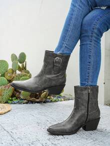 女士西部牛仔靴，新款欧美西部风格，饰以传统刺绣，假日休闲方头低跟靴底，防滑耐磨，不易疲劳，适合牧场文化牛仔派对和街头文化时尚日常节日穿着。 - 灰色 - 查看 7