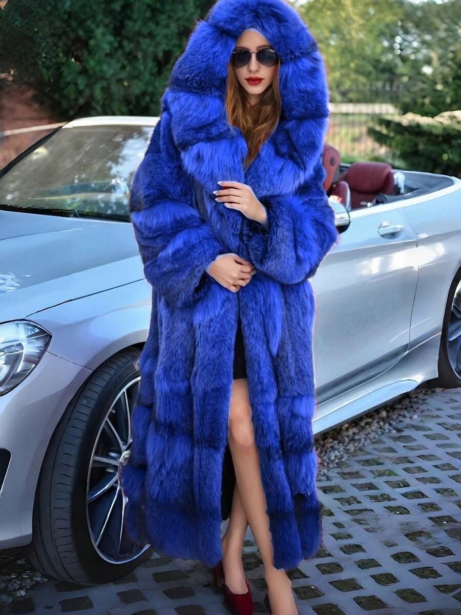 FHILLINUO 1 szt. damski płaszcz ze sztucznego futra, granatowy z czarnymi końcówkami, z imitacji futra, z kapturem, elegancki, długi, oversize'owy, odpowiedni na święta, do noszenia na co dzień, w podróż, na przyjęcie herbaciane, na randkę, na lotnisko, na Boże Narodzenie, Święto Dziękczynienia, Nowy Rok, na wakacje jesienno-zimowe