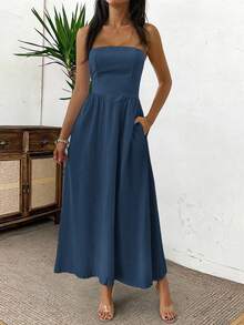 Unadoll 女士无肩带拉链休闲优雅连衣裙，适合海滩度假、旅行、约会、音乐节、返校季和圣诞节等场合。 - 藏蓝色 - 查看 6