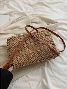 Vintage Fashion Large Capacity Woven Tote Bag, Beach Vacation Straw Shoulder Crossbody Bag - 卡其色 - 查看 8