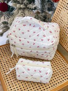 1 pièce Nouveau cadeau de Nouvel An Sac de maquillage en forme de nœud papillon matelassé rouge cerise. Sac cosmétique portable de grande capacité avec fermeture éclair, idéal pour les voyages et les vacances. Peut contenir les serviettes hygiéniques, les clés, les téléphones portables, les chargeurs, les rouges à lèvres, les cosmétiques, les parfums, les pinceaux de maquillage, les produits de soins de la peau et de beauté. Convient aux femmes, aux étudiantes, aux écolières, comme cadeau de fête. - Blanc - Voir 15