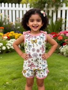 2pcs/Set Cute Bow Print Bow Decor Tank Top And Sports Shorts, Casual Daily Versatile Baby Girl Set, Suitable For Summer Vacation, Indoor And Outdoor Wear - Pink - View 2