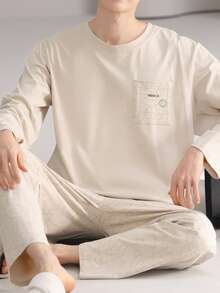 AICJ 男士休闲宽松睡衣套装（两件套），圆领长袖套头衫带口袋，不规则印花休闲裤，针织面料，适合春、秋、冬三季居家、聚会、旅行穿着。 - 米色 - 查看 5