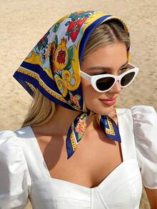 1pc Spring/Summer Beach Accessory, 27.6 Inch Square Silk Scarf, Lemon Print Neckerchief, Suitable For Travel, Beach And Daily Wear - Navy Blue Lemon - View 7