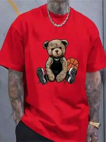 Men's Printed Bear Basketball T-Shirt, 100% Cotton, 30.1 Knit Fabric. - 紅色 - 查看 2