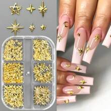 3D Metal Stars Nail Charms Gold Starlight Cross Nail Art Glitter Flakes Alloy Metallic Stars Rivet Studs Decorations For Women Girls Nails DIY Crafts Supplies - GoldSilverWhite - View 3